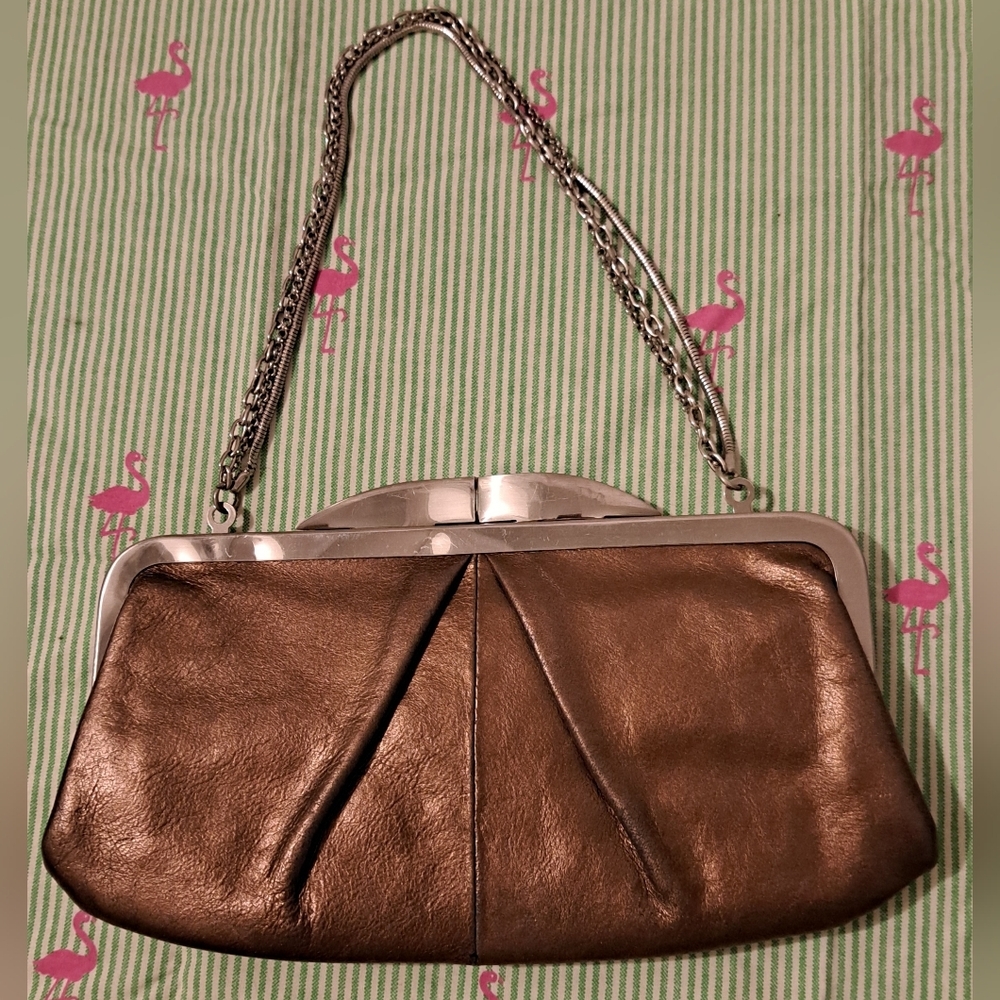 HOBO Brown Leather Clutch with Silver Chain